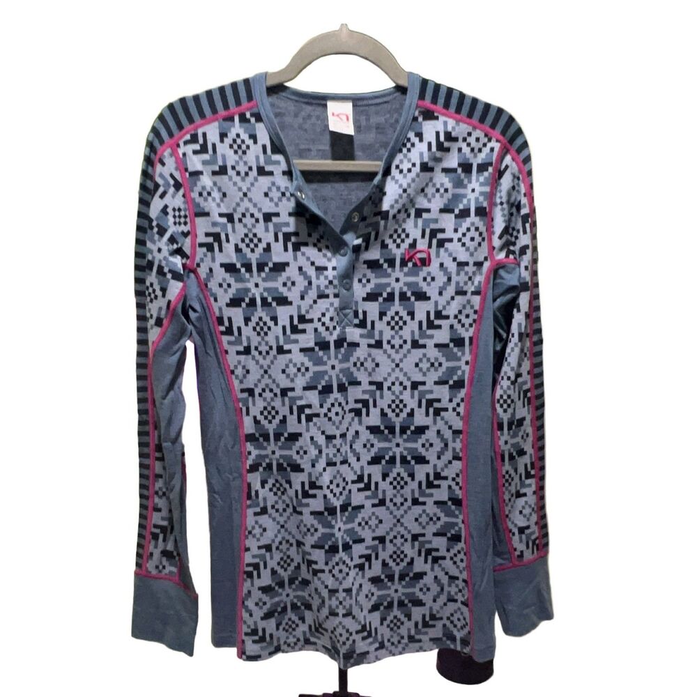 Kari Traa Henley Base Layer Shirt Women's XL 100% Wool Long Sleeve Geometric